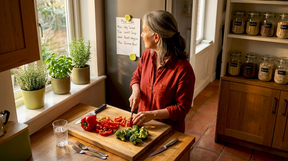 Woman preparing vegetables in sunny kitchen