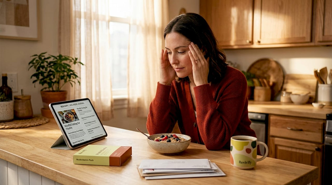 Woman reading about inflammation at kitchen table