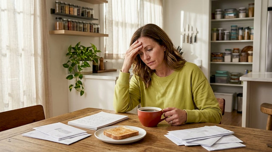 Woman at kitchen table showing morning fatigue