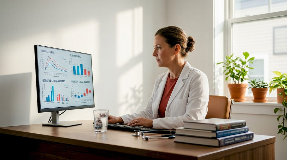 Endocrinologist reviewing diabetes oxidative stress chart