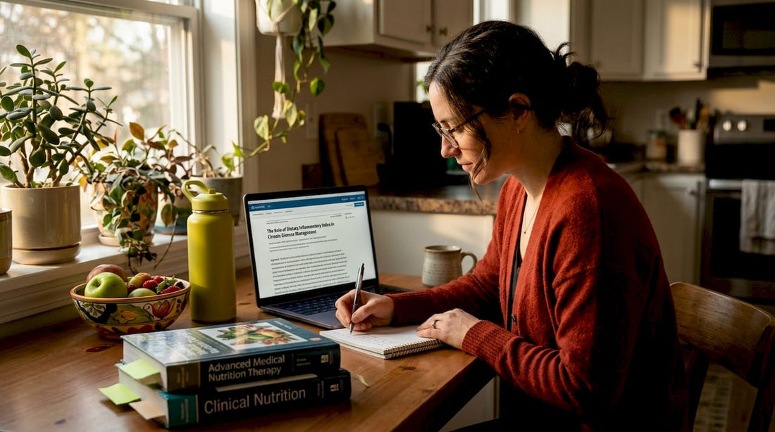 Dietitian researching inflammation at kitchen table