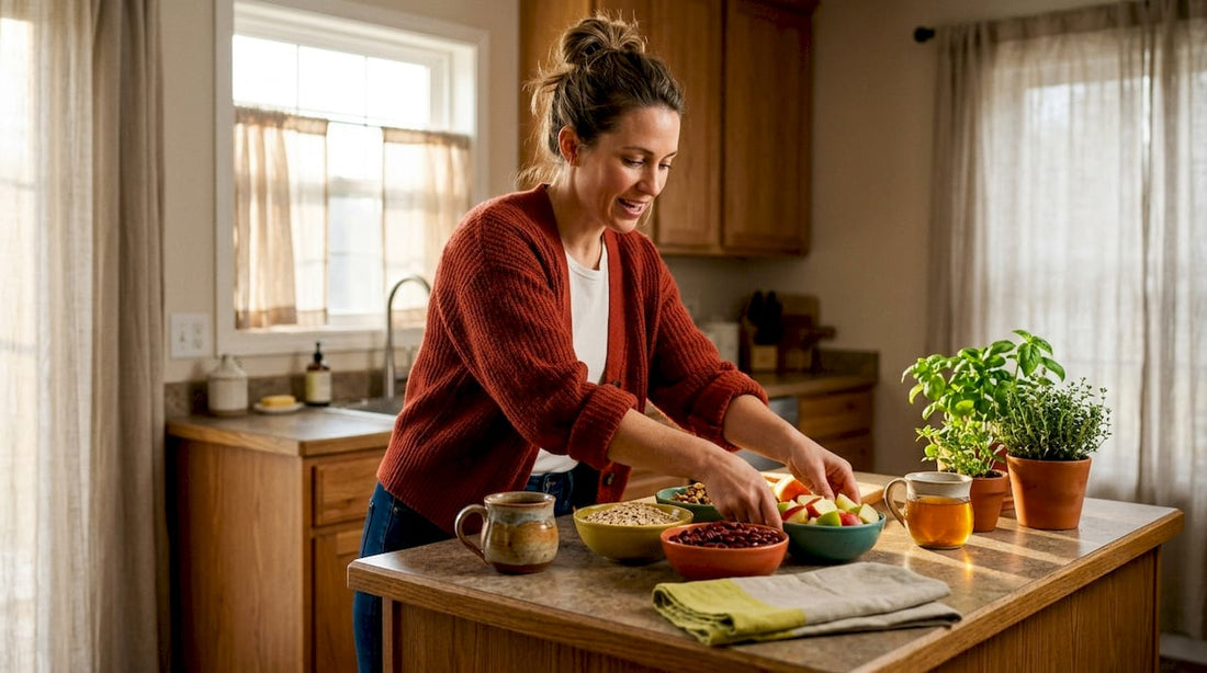 Nutritionist preparing high-fiber foods in kitchen