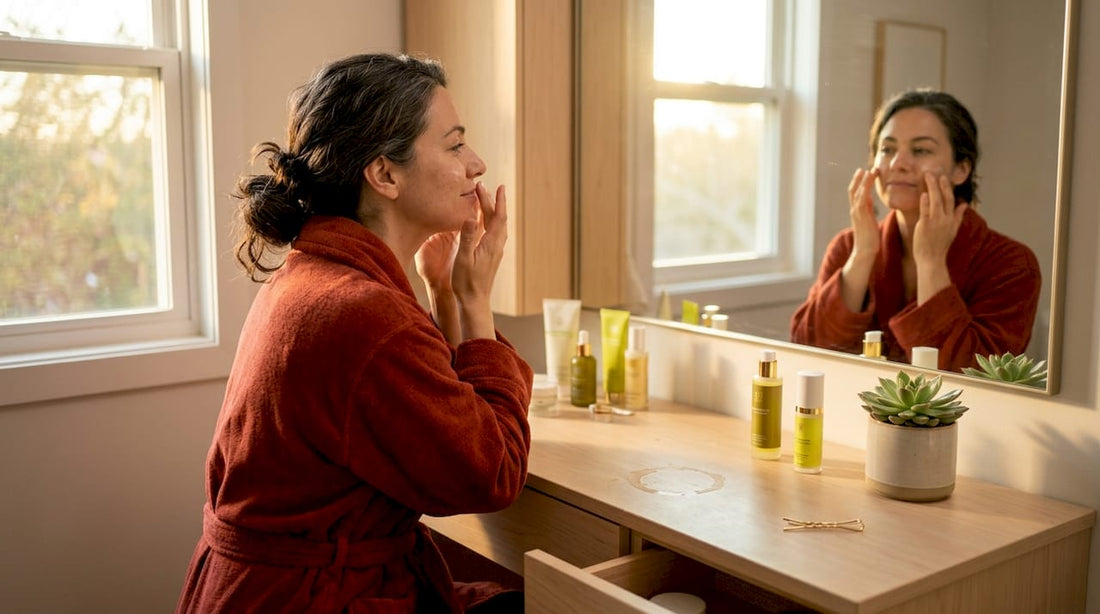 Woman applies face cream at home vanity