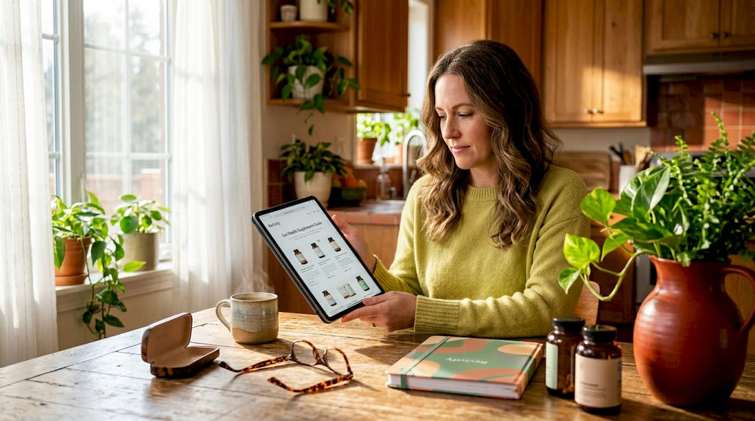 Person considering supplement options at kitchen table