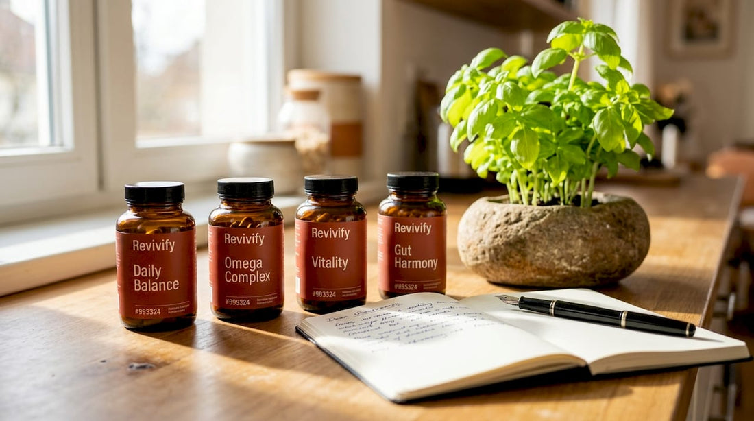 Four supplement bottles on kitchen counter with sunlight