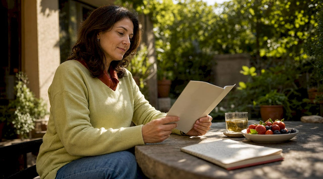 Woman reading about chronic inflammation at kitchen table