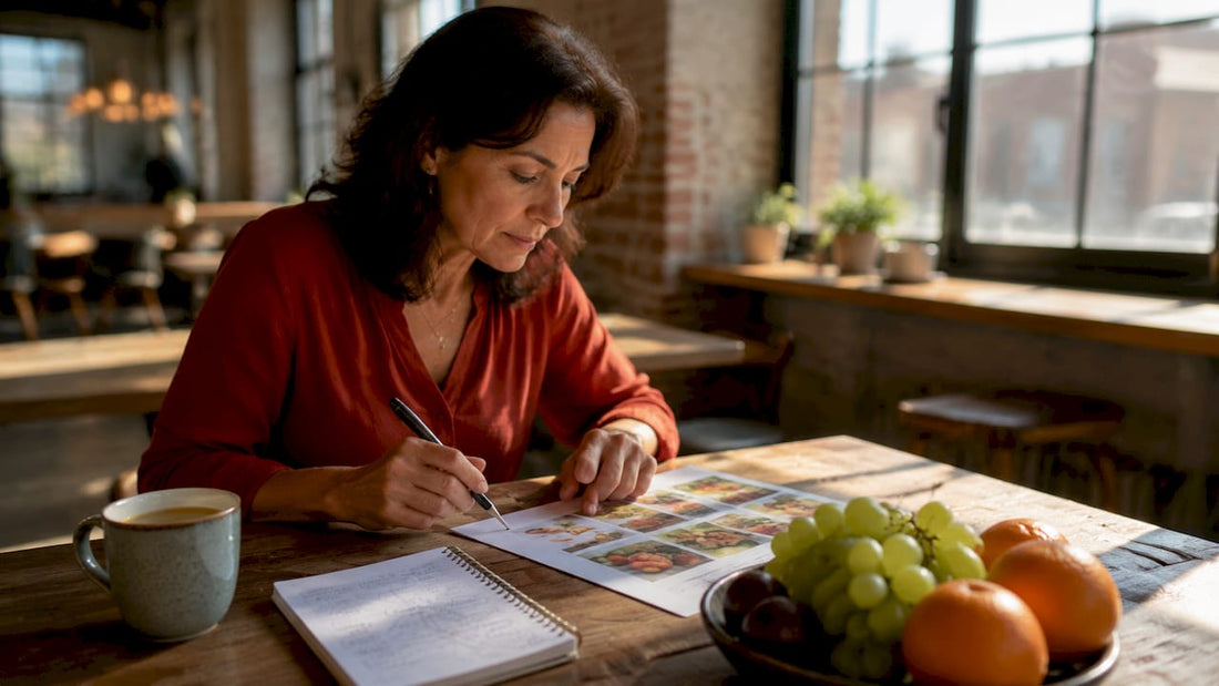 Nutritionist reviewing antioxidant foods at kitchen table