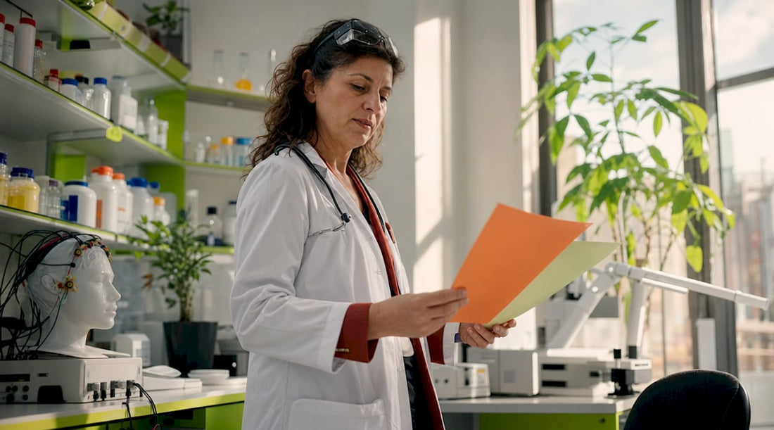 Neuroscientist reviewing oxidative stress test data