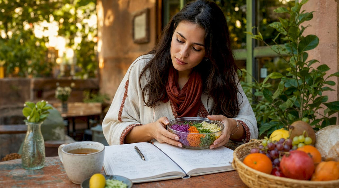 Nutritionist reviewing gut health foods in kitchen