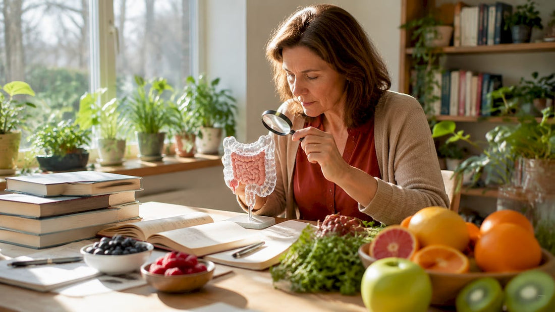 Researcher studying gut model in home office