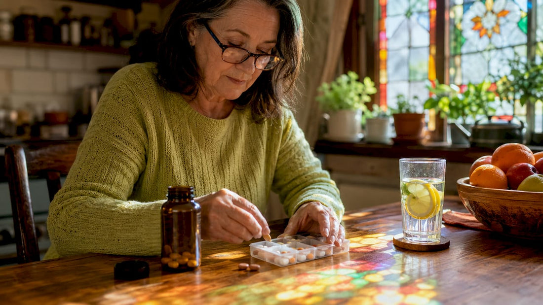 Woman organizing heart supplements at kitchen table