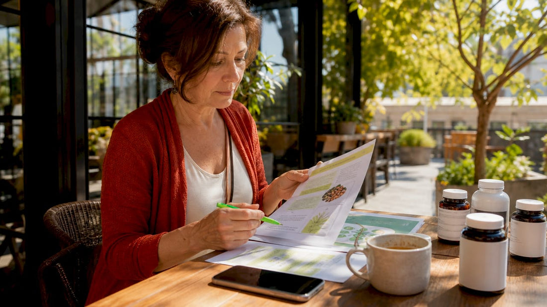 Woman comparing health supplements at kitchen table