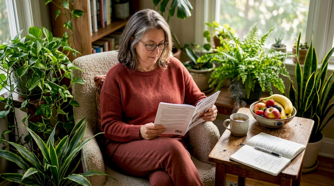 Woman reading gut health guide at kitchen table