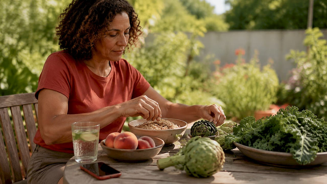 Woman sorting fiber-rich foods at kitchen table