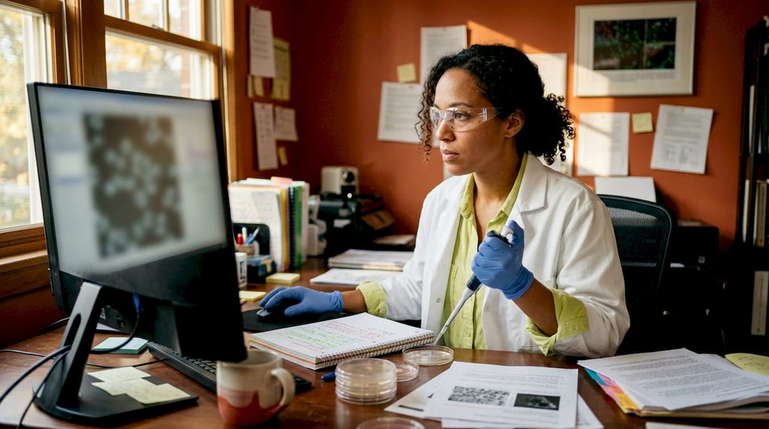 Scientist analyzing cellular oxidative damage in lab