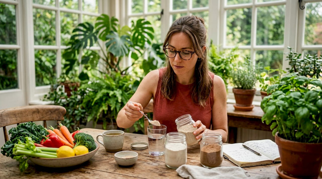 Nutritionist mixing dietary fiber supplement at kitchen table