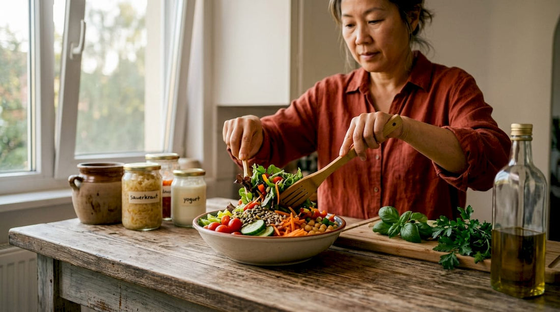 Woman preparing diverse gut-friendly salad