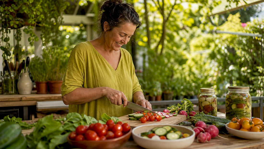 Woman preparing fiber-rich and fermented foods in kitchen