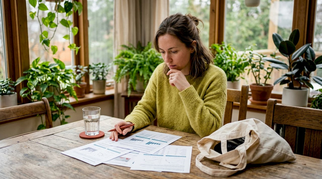 Woman researching supplement alternatives at kitchen table