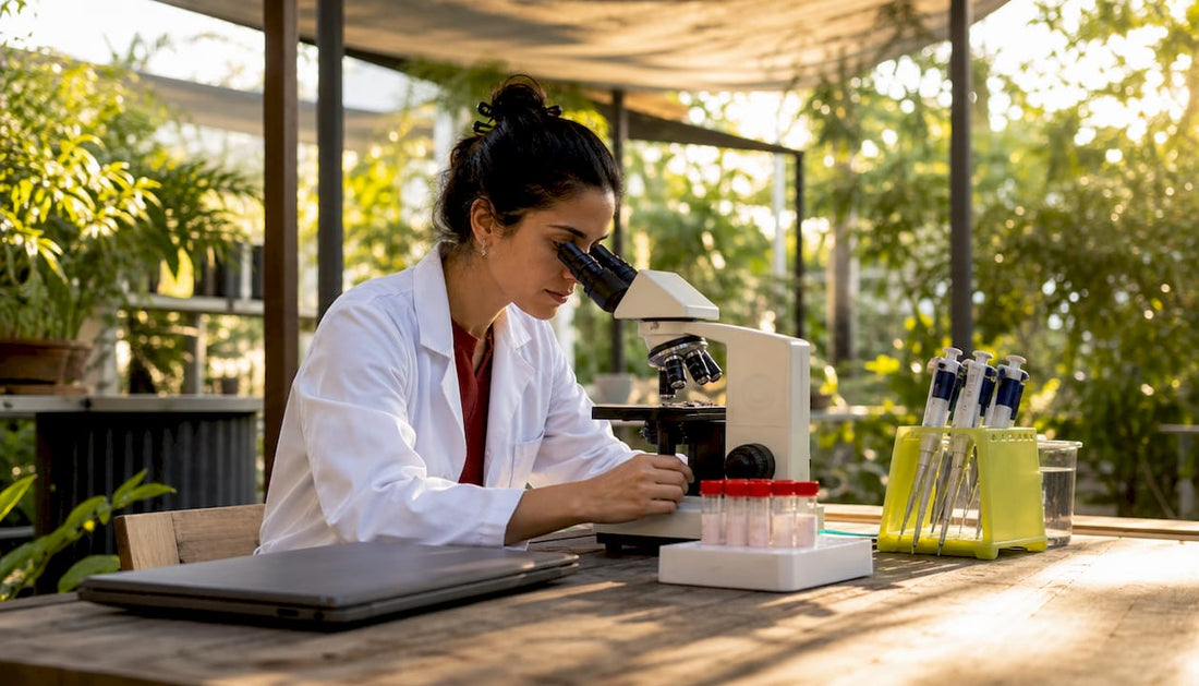 Researcher examining endothelial cells under microscope