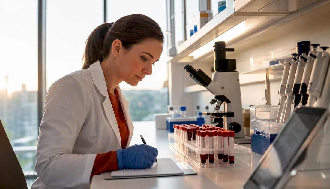 Researcher examining blood samples in a lab