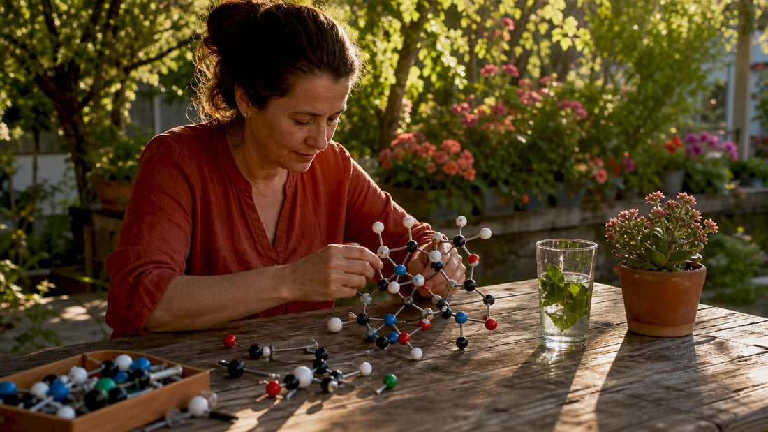Woman examining molecular model of free radicals
