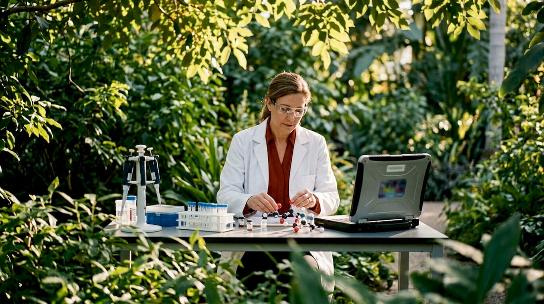 Researcher studying heart-related enzyme models at lab bench