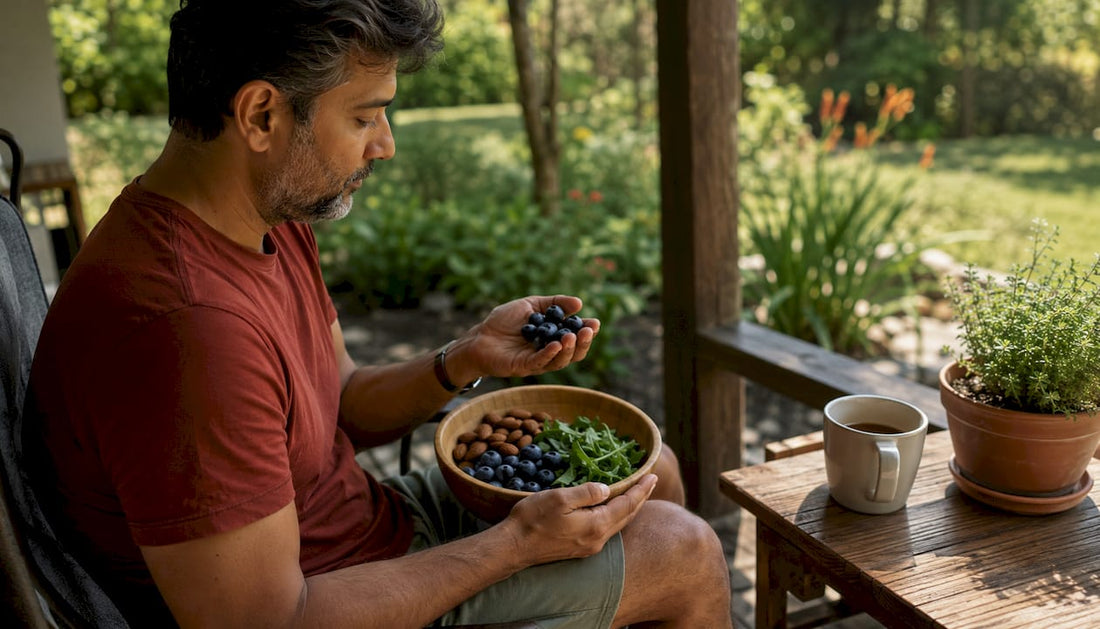 Man selecting antioxidant-rich foods at kitchen table