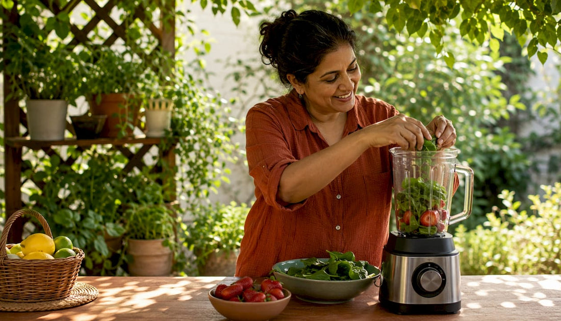 Woman making antioxidant smoothie at home kitchen