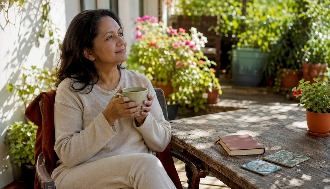 Woman holding tea in bed reflecting on sleep