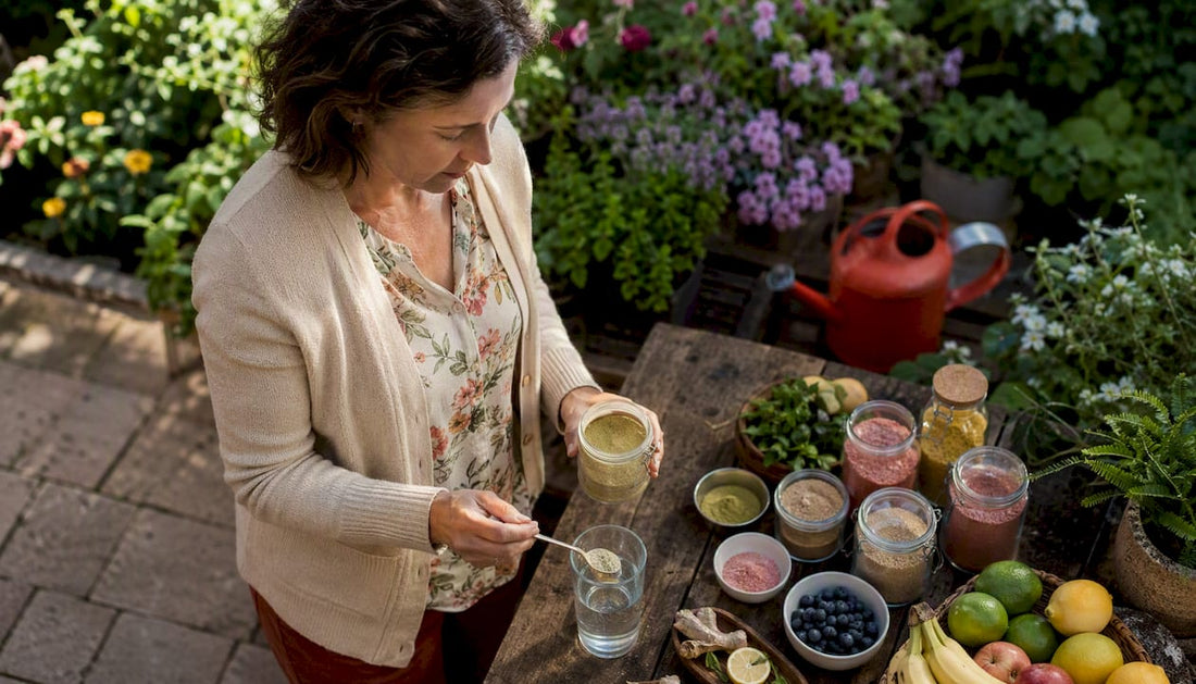 Woman preparing prebiotic supplement drink in kitchen
