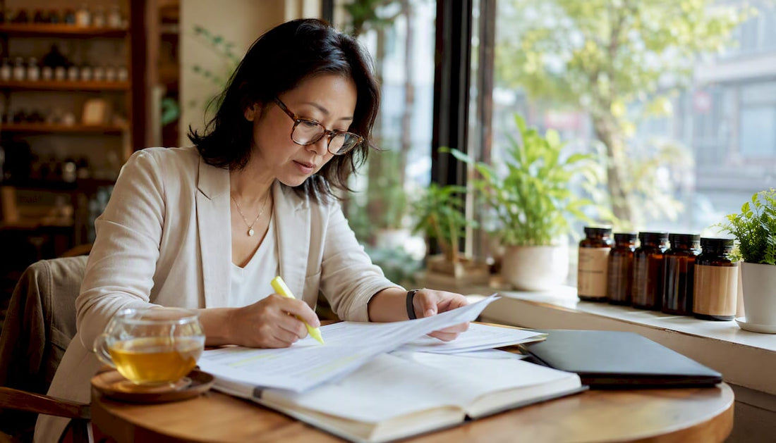Woman reading antioxidant immune support research