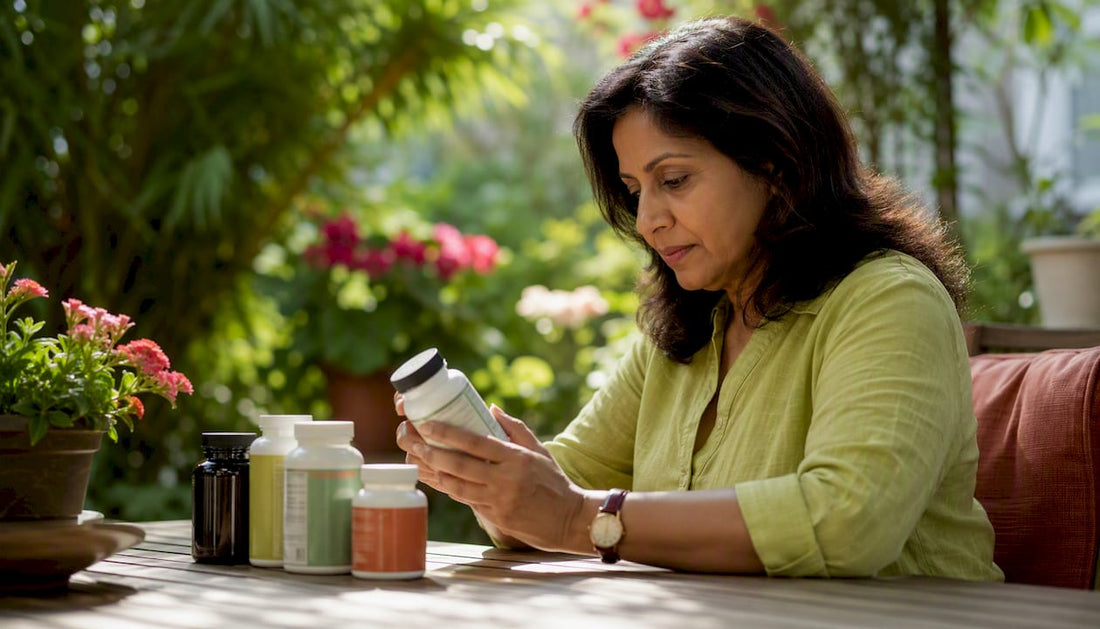 Woman examining blood sugar supplements at kitchen table