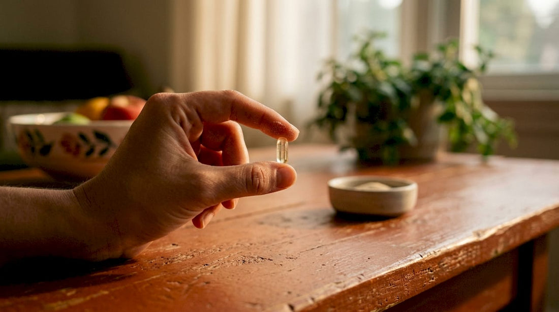 Hand holding daily gut supplement gel capsule