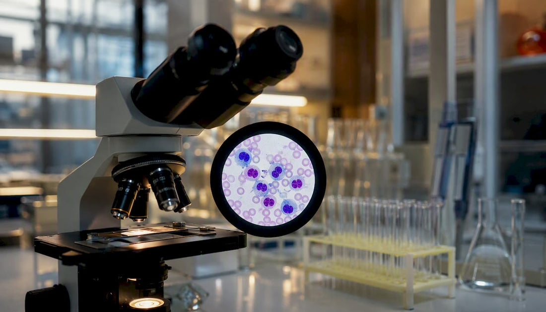 Microscope viewing white blood cells under oxidative stress