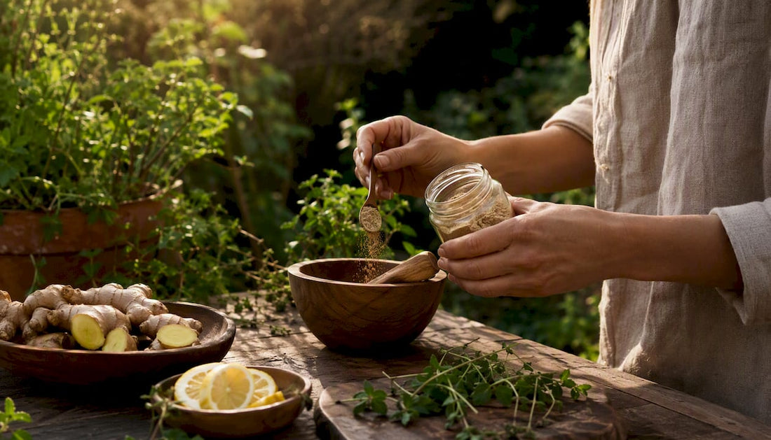 Hands preparing natural enzyme supplement mixture
