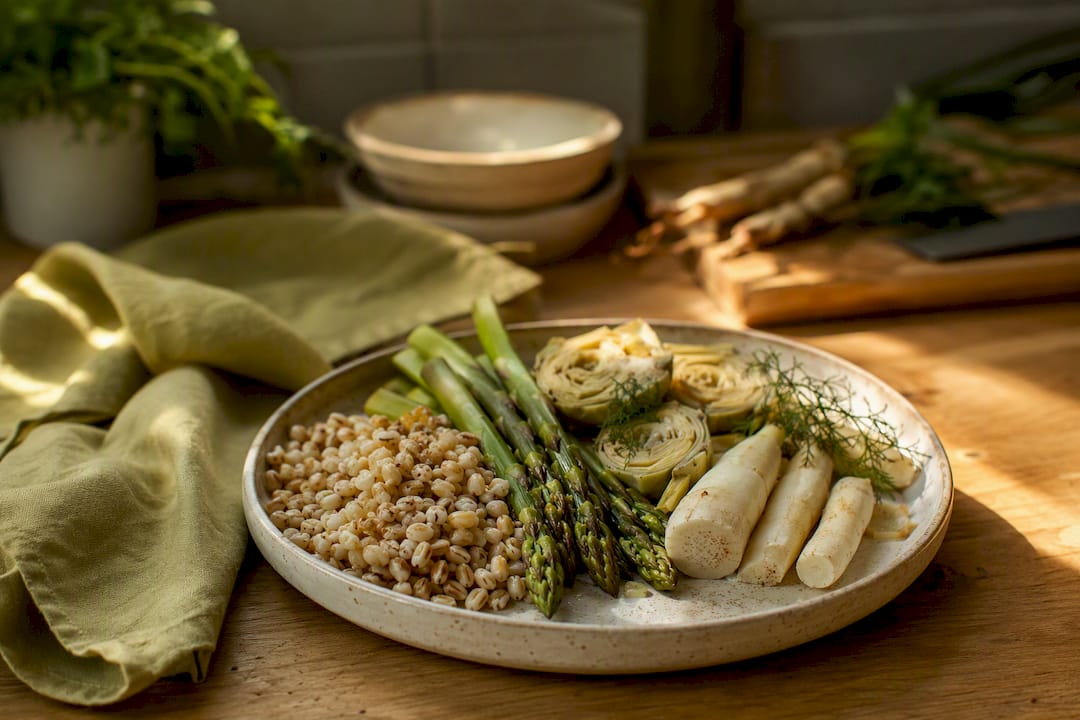 Bowl of diverse prebiotic fiber foods