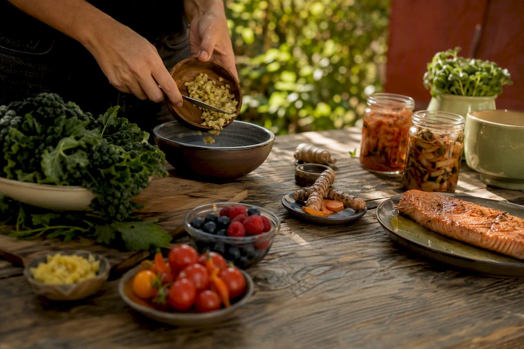 Spread of antioxidant foods on rustic table
