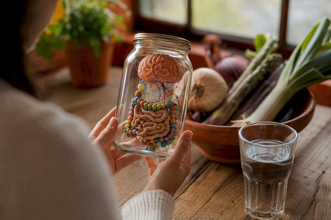 Hand holding gut-brain axis microbiome model