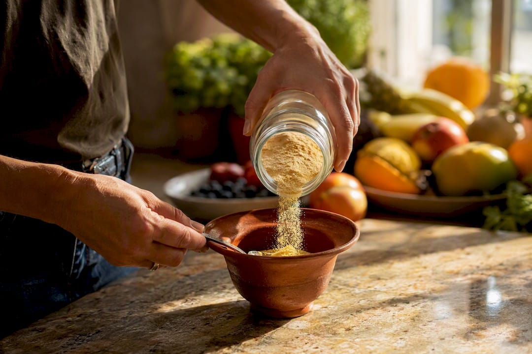 Hands stirring prebiotic fiber jar in kitchen