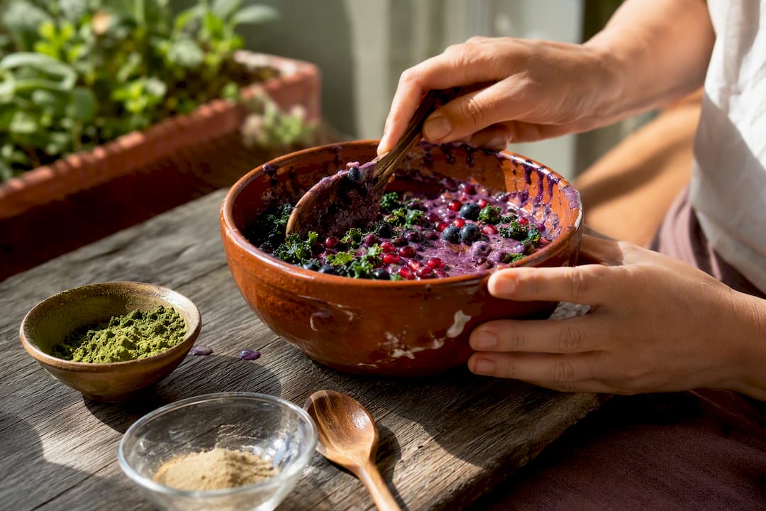 Hands stirring antioxidant smoothie bowl