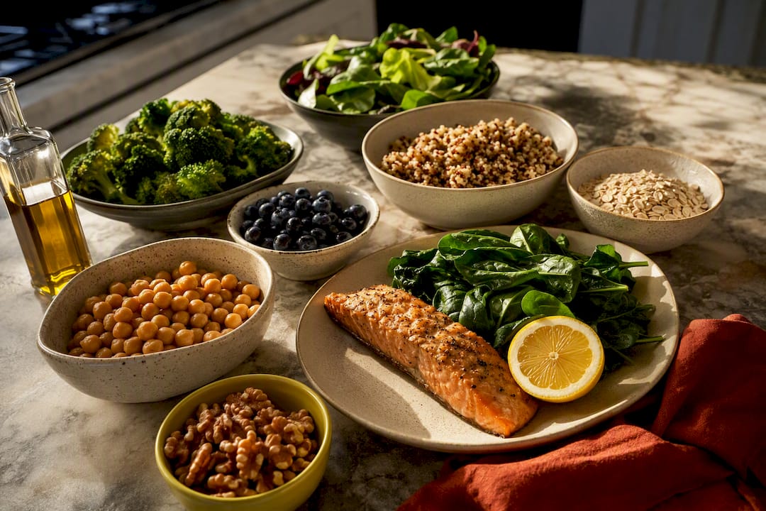 Mediterranean meal plan ingredients arranged together