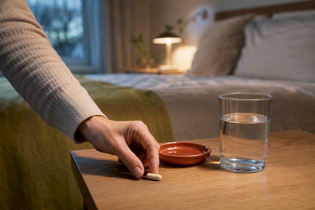 Anonymous capsule beside water for daily use