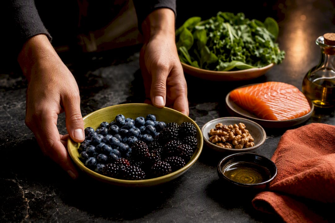 Antioxidant-rich foods arranged for brain health