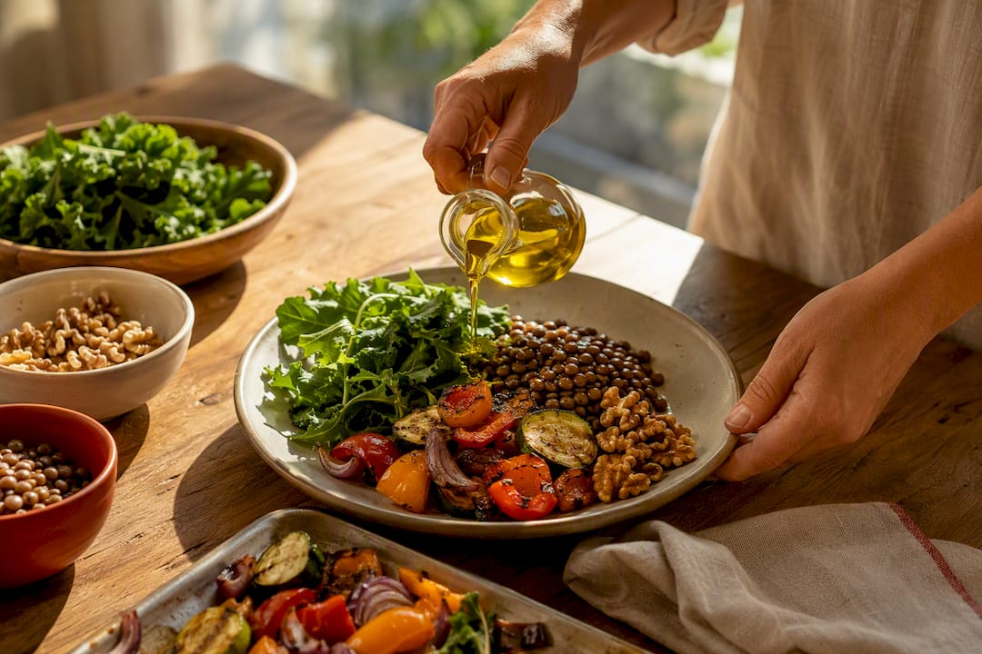 Mediterranean meal with vegetables and lentils