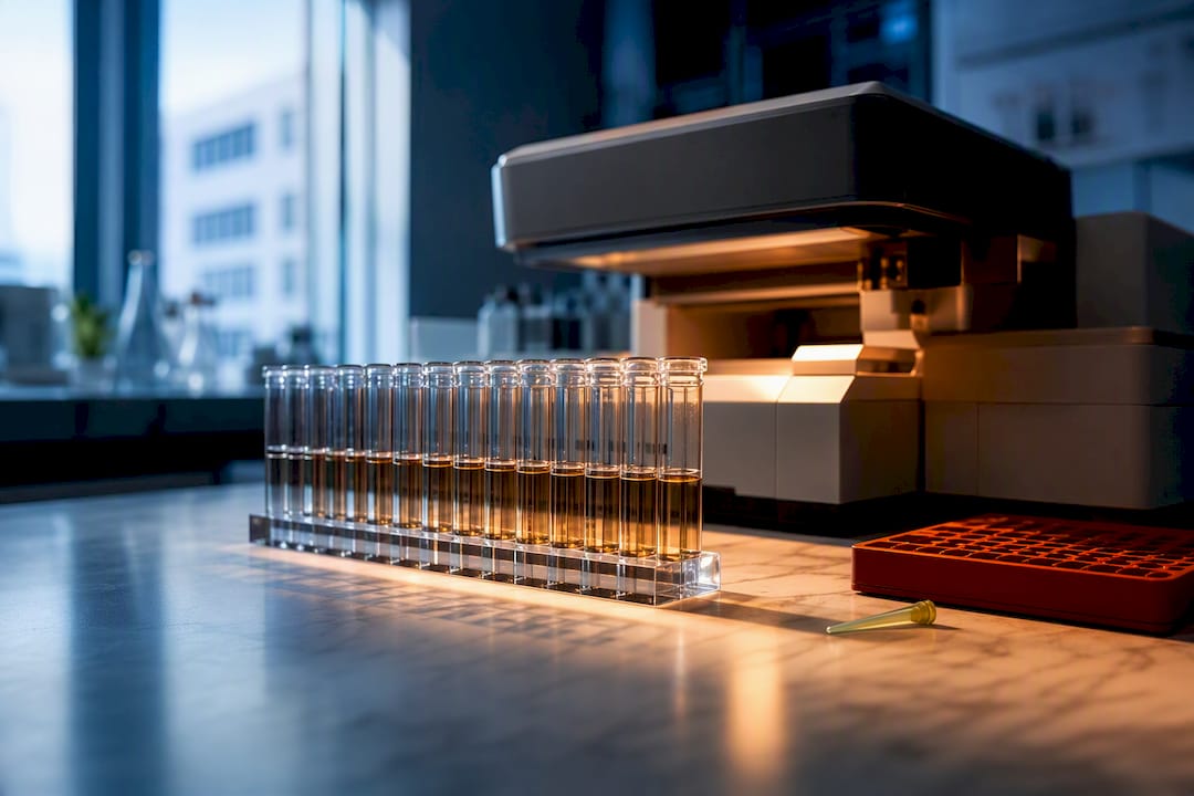 Enzyme assay tubes in a biochemistry laboratory
