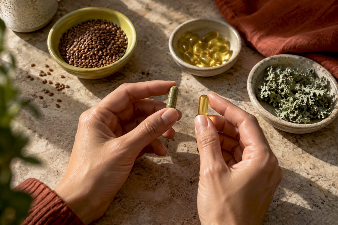 Hands comparing plant-based supplement ingredients