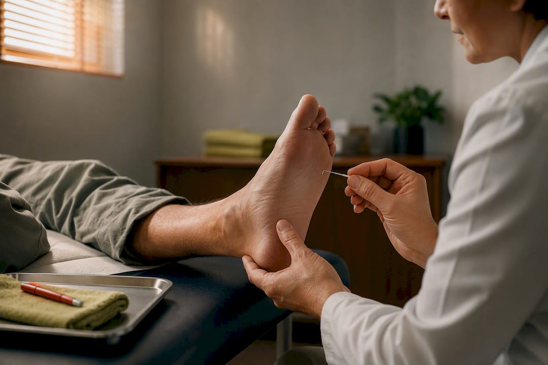 Clinician testing diabetic foot sensation
