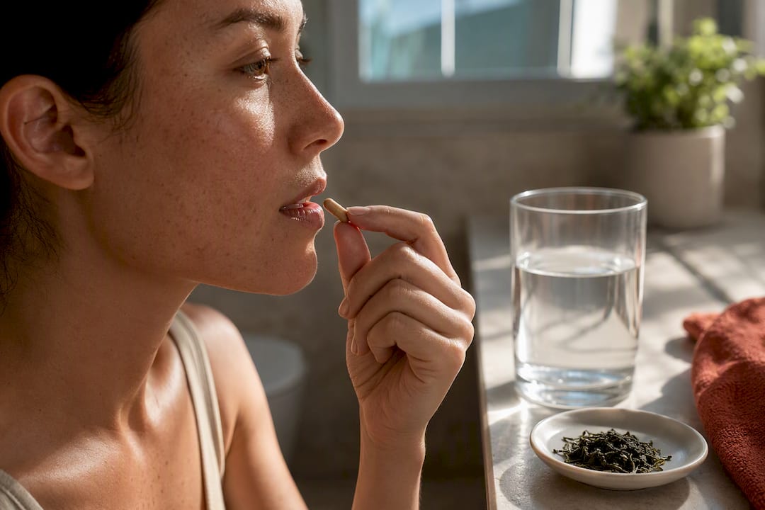 Adult taking capsule beside sunlit skin