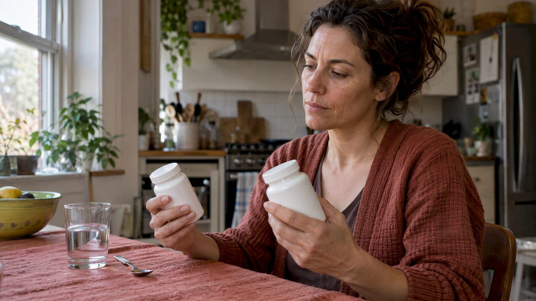 Woman comparing probiotic supplement containers
